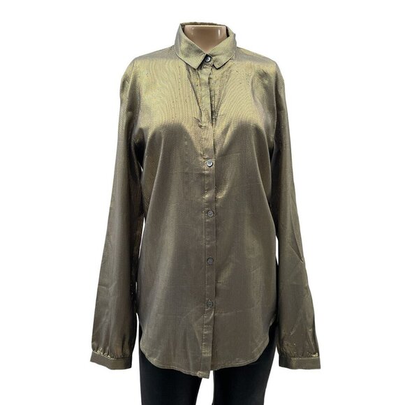 Elizabeth and James Metallic Gold Button-Down Shirt Cotton Silk Blend* Womens M - Picture 1 of 10